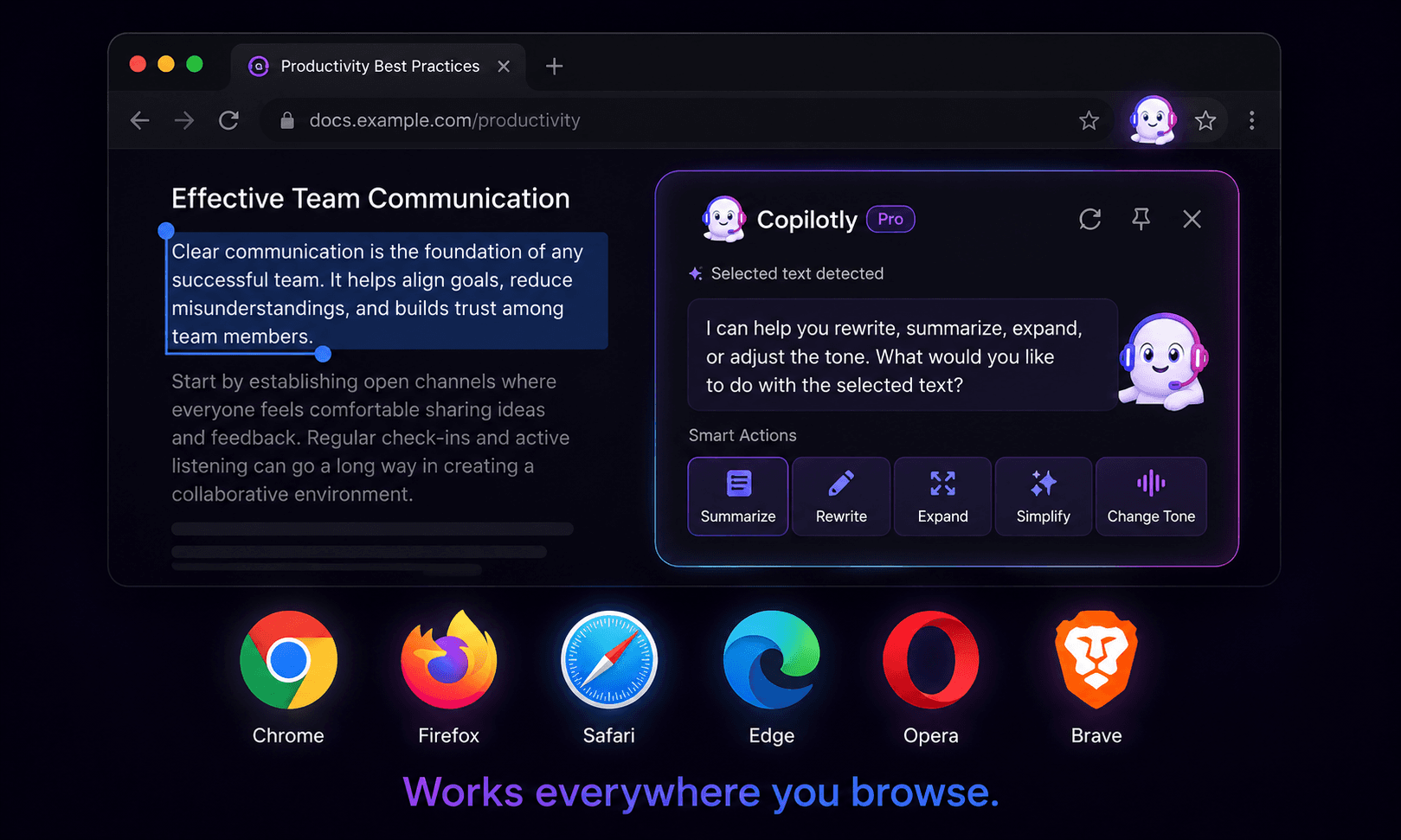 Copilotly browser extension popup analyzing a contract on a real webpage